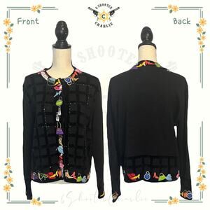 Just B Heavily Beaded Cardigan Sweater L Black Appliqué Purses Shoes Fashion